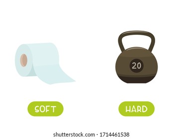 Antonyms concept, SOFT and HARD. Educational flash card with kettlebell and toilet paper template.  Word card for english language learning with opposites. Flat vector illustration with typography