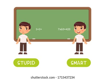 Concepto Antonyms, STIUPID y SMART. Tarjeta flash educativa con una plantilla de niño triste y feliz. Ejemplo de pizarra de pizarra resuelta y no resuelta.  Tarjeta de Word para el aprendizaje del inglés con los opuestos. 