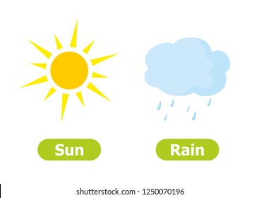 Antonyms concept, SUN and RAIN. Educational flash card template.  Word card for english language learning with opposites. Flat vector illustration 