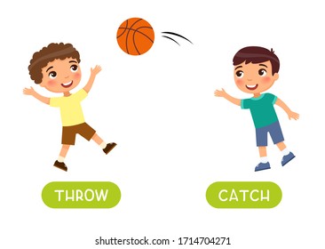 Antonyms concept, THROW and CATCH. Educational flash card with boys playing basketball template. Cute kids have fun. Word card for english language learning with opposites. Flat vector illustration 