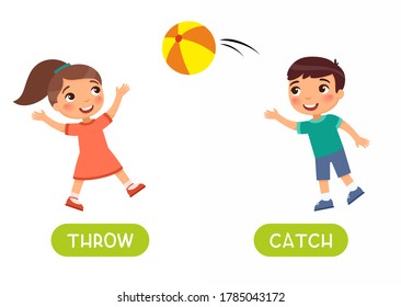 Antonyms concept, THROW and CATCH. Educational flash card with children playing ball template. Cute boy and girl have fun. Word card for english language learning with opposites. Flat vector