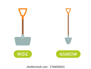 Antonyms concept, WIDE and NARROW. Educational flash card with shovels of different widths template. Word card for english language learning with opposites. Flat vector illustration with typography