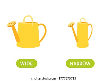 Antonyms concept, WIDE and NARROW. Educational flash card with yellow watering cans of different widths template. Word card for english language learning with opposites. Flat vector illustration