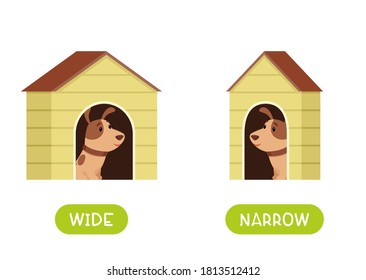 Antonyms concept, WIDE and NARROW. Educational flash card with doghouses of different thicknesses template. A puppy in a narrow and wide booth. Word card for english language learning with opposites. 