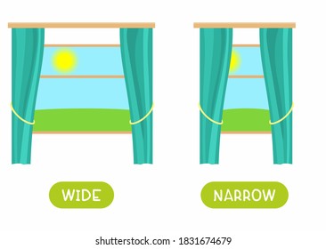 Antonyme Konzept, WIDE und NARROW. Erziehungskarte mit Vorlagenfenstern verschiedener Breiten. Wortkarte für das Englischlernen mit Gegensätzen. Flache Vektorgrafik 
