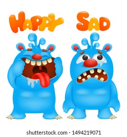antonyms and opposites. Cartoon monster character cards for learning english language. Happy and sad.Vector illustration