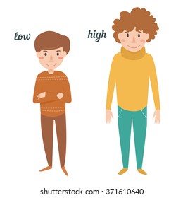 Antonyms. People. Low, high. Card for children. Vector isolated illustration. Cartoon characters.