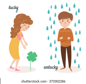 Antonyms. People. Lucky, unlucky. Card for children. Vector isolated illustration. Cartoon characters.