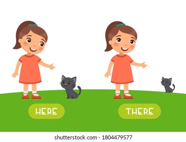 Antonyms word card vector template. Opposites concept. Flashcard for english language learning. Little girl points to a kitten or small cat in the distance and near the child.