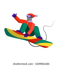 Antropomorphic mouse - snowboarder in a sports winter suit makes a snowboard jump from a mountain slope. Symbol of the new year 2020. Flat cartoon style. Isolated object on a white background