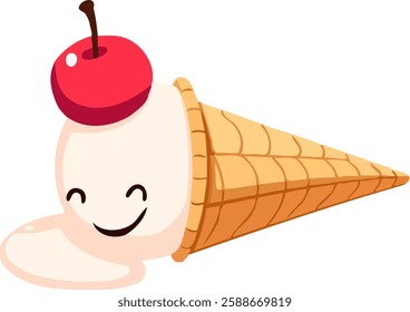 Antropomorphised ice cream illustration with adorable smiley face and cherry on top.