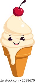 Antropomorphised ice cream illustration with adorable smiley face and cherry on top.