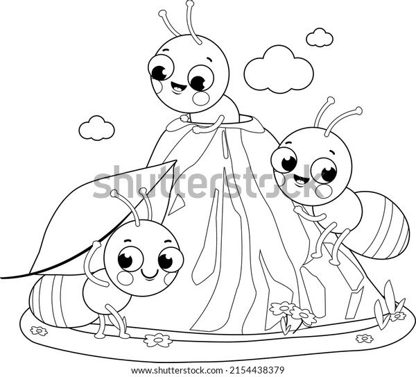 Ants in ant hill carrying food into their\
nest. Vector black and white coloring\
page.