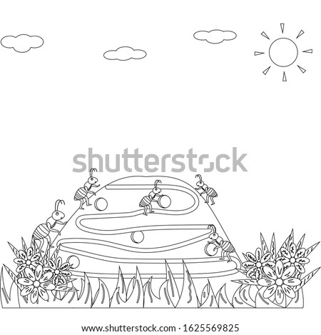 Ants in an anthill coloring book for children, black outline white background, vector illustration