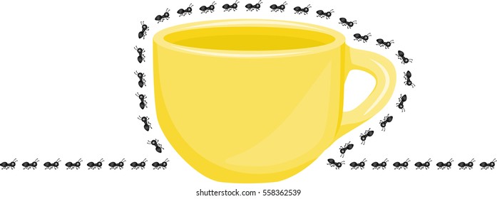 Ants around yellow tea cup
