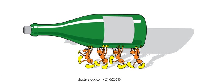 Ants with bottle. Four cheerful friends holding a bottle. Vector image.