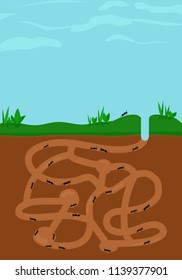 Ants busy in ant hill tunnels beneath a large blue sky. Flat design vector illustration.