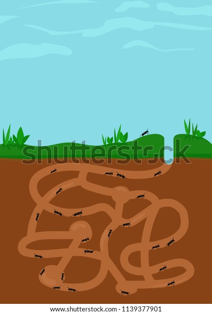 Ants busy in ant hill tunnels\
beneath a large blue sky. Flat design vector\
illustration.