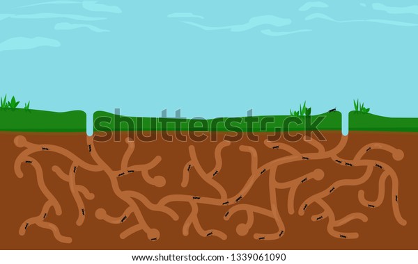 Ants busy in ant hill
tunnels beneath a large blue sky. Long landscape. Flat design
vector illustration.