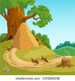 Ants carry sticks and leaves to the anthill on the background of trees and meadows