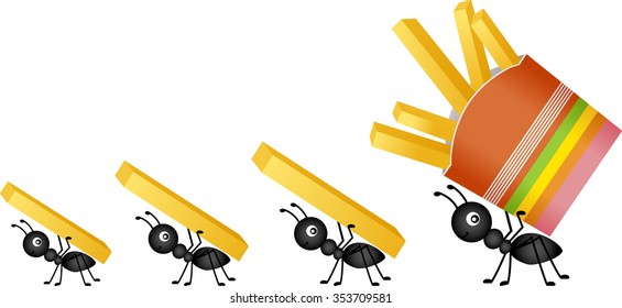 Ants carrying french fries
