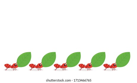 Ants carrying green leaves. Ant vector. Ant on white background. free space for text. copy space