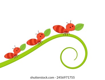 Ants carrying green leaves. Ant vector. Ant on white background. free space for text. copy space.