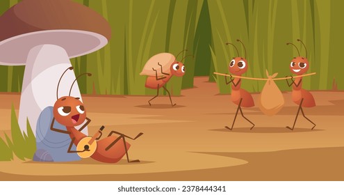 Ants. Cartoon background with ants bugs outdoor exact vector funny template