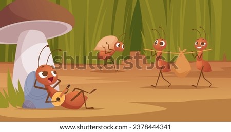 Ants. Cartoon background with ants bugs outdoor exact vector funny template