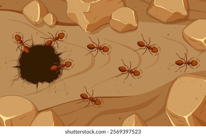 Ants collaborating around a nest entrance in sand