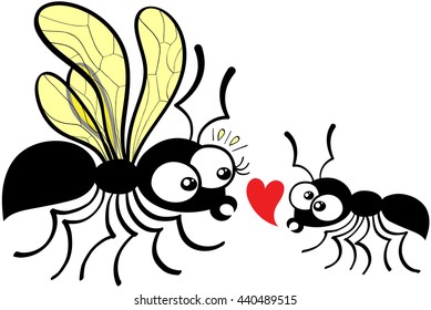 Ants composed by a queen and a worker which dares to declare its love by showing a red heart while feeling shy and nervous