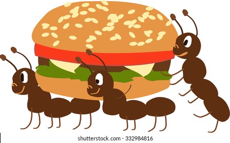 Ants dragging hamburger cartoon