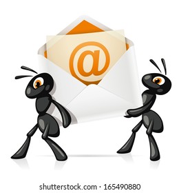 Ants e-Mail. Two black ants have an open e-mail with a message inside.