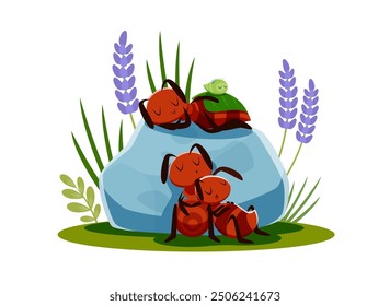 Ants family characters sleeping on meadow, funny termite insects in relax, cartoon vector. Tired ants family with baby and little caterpillar sleeping on stone with leaf cover for kids illustration