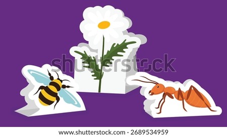 Ants, flowers and bees. Vector illustration in flat style.