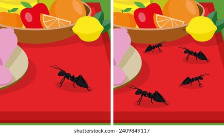 Ants and fruits on the table. Vector illustration of ants and fruits.