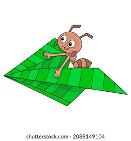 las hormigas están felices montando un plano de hoja, ilustración vectorial art. doodle imagen kawaii.