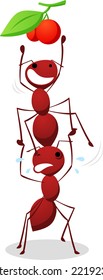 Ants helping each other to make a stair to fetch cherry, with two ants stair vector illustration and two cherry with leaf. 