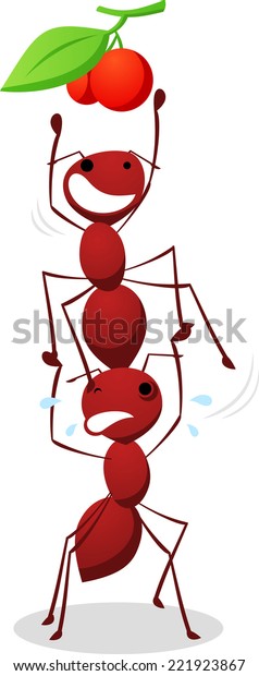 Ants\
helping each other to make a stair to fetch cherry, with two ants\
stair vector illustration and two cherry with leaf.\
