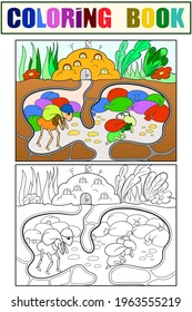 Ants at home, work. Children illustration. Set of coloring book and color picture.
