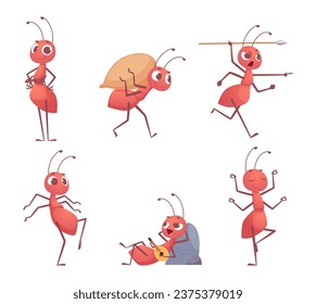 Ants. Little cartoon bugs in action poses exact vector pictures set isolated