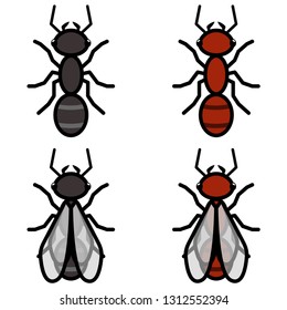 Ants logos symbols icons signs set. A collection of a simple illustrations of ants, both ordinary and flying ones, isolated, black and red colored, outlined. Flying ants have simple transparent wings.