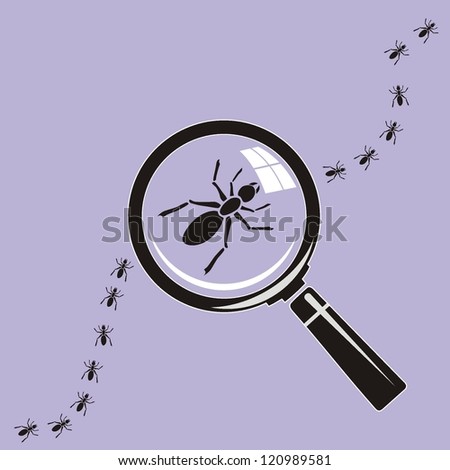 Ants. Magnifying glass on background