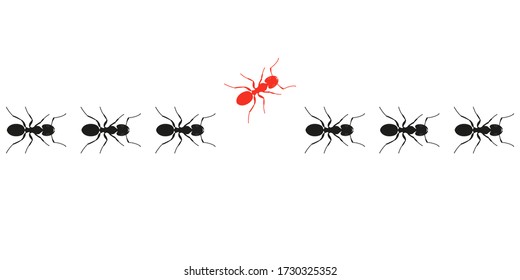 Ants marching or walking and one changing direction. Think differently. Different, unique, leadership, change, new idea, new path, innovation, be yourself business concept. Vector illustration.