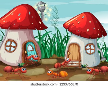 Ants at the mushroom house illustration