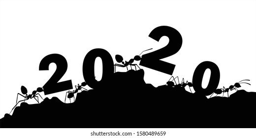 Ants with number 2020 in happy new year concept silhouette vector on white background