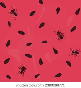 Ants on pink watermelon with seeds seamless pattern