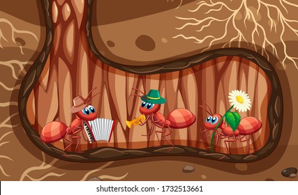 Ants playing music in the nest illustration