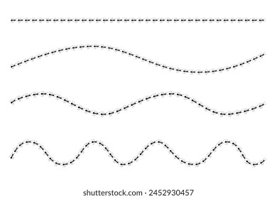 Ants roads top view design vector illustration isolated on white background. Horizontal seamless patterns of trail line curve of ants bug in row set. Pest control or insect searching illustration.