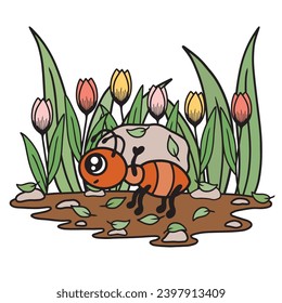 Ants with rocks, working, anthill with tulips, spring work time. Cute cartoon character vector art.
